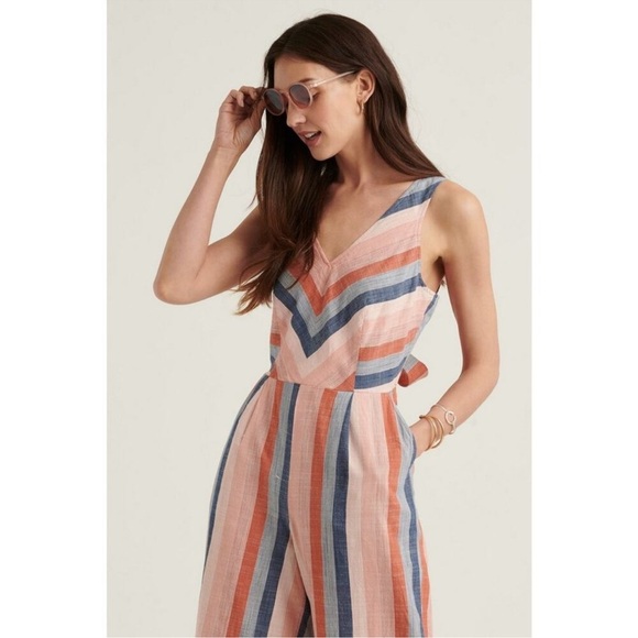 Lucky Brand Striped Blake Sleeveless Cropped Open Back Jumpsuit Romper XS - Picture 2 of 13